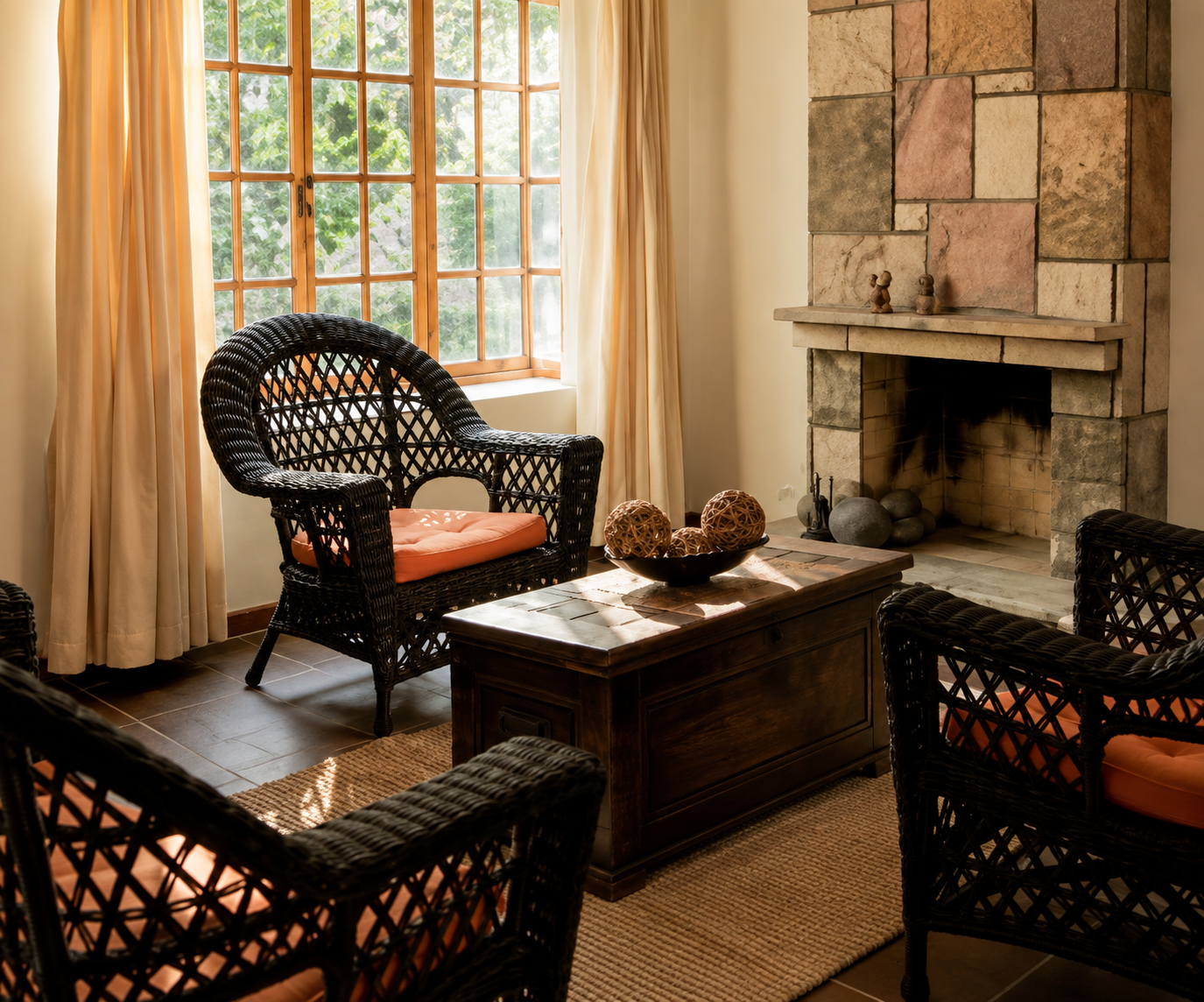 Sala de estar con chimenea de piedra