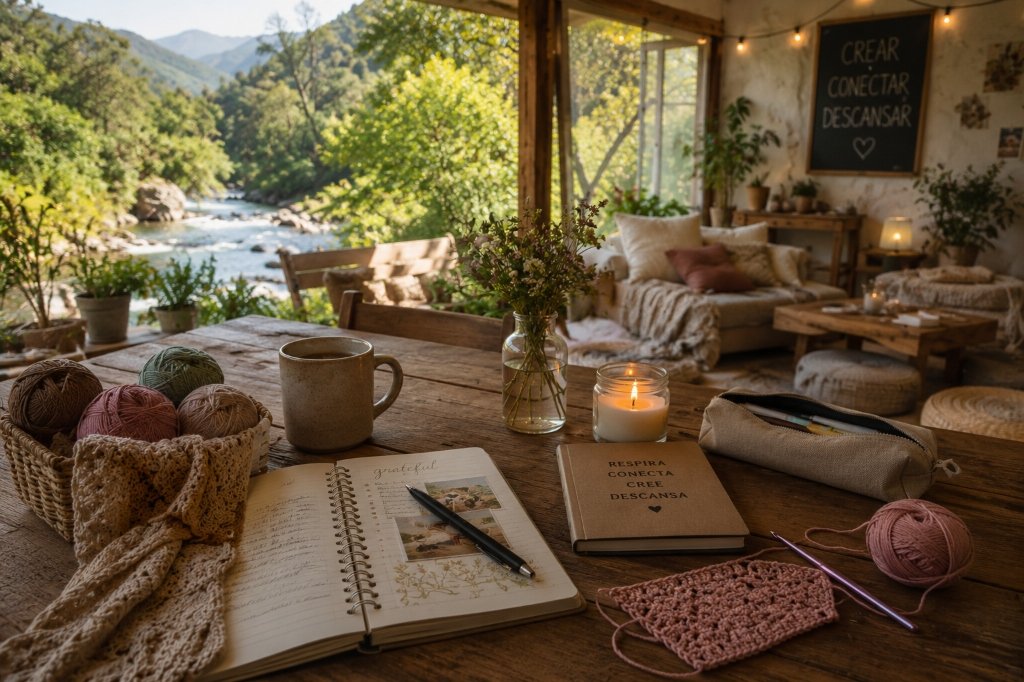 Espacio de journaling creativo con vista a la naturaleza